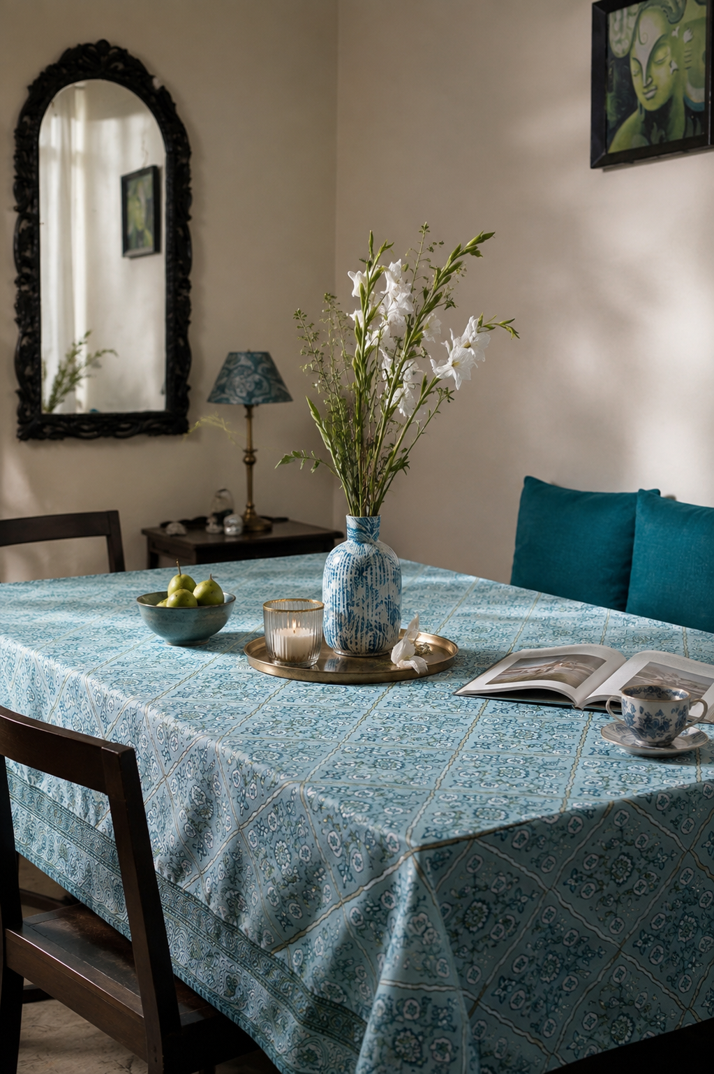 Blue Botanical Embroidered Table Cloth