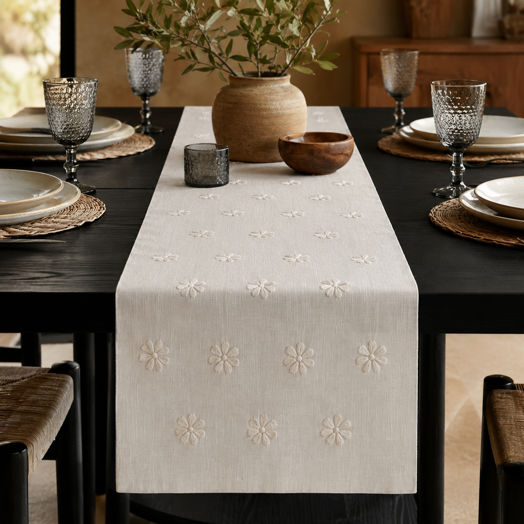 Alabaster Daisy Embroidered Runner