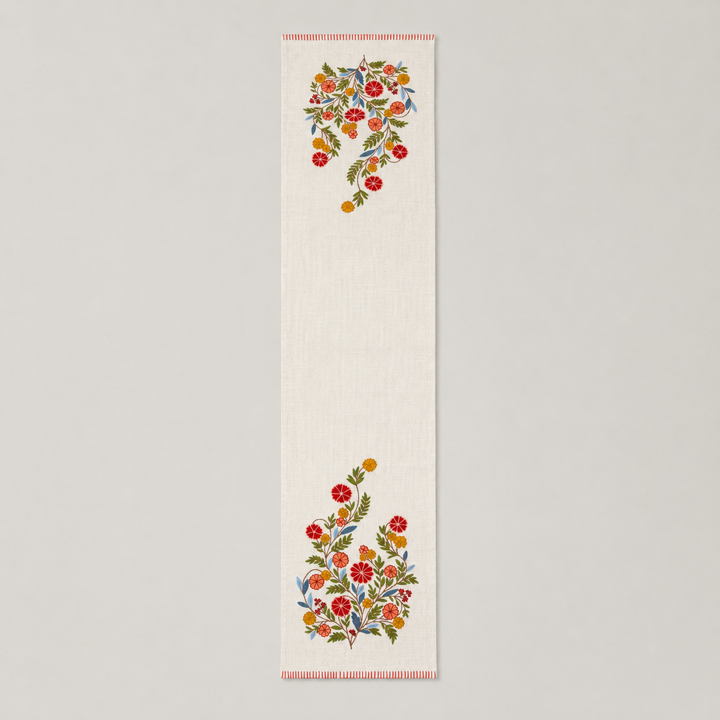 Scarlet Bloom Embroidered Table Runner