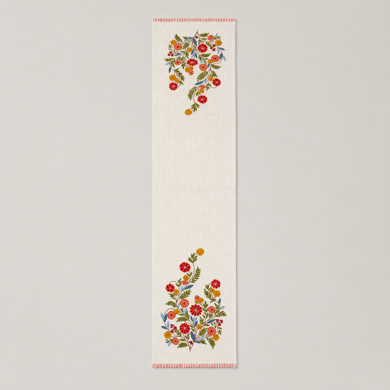 Scarlet Bloom Embroidered Table Runner