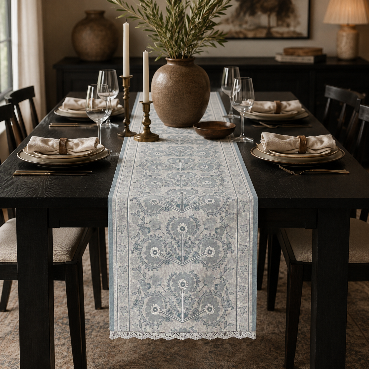 Mist Blue Floral Lace Table Runner