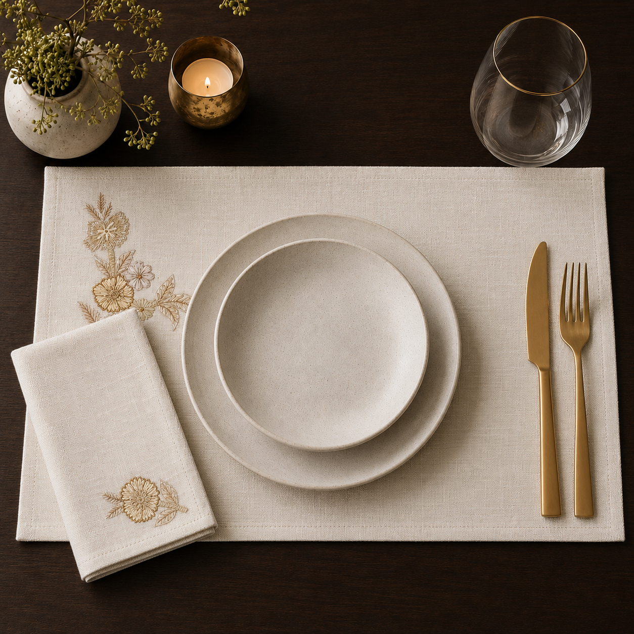 Ivory Garden Embroidered Placemat & Napkin Set