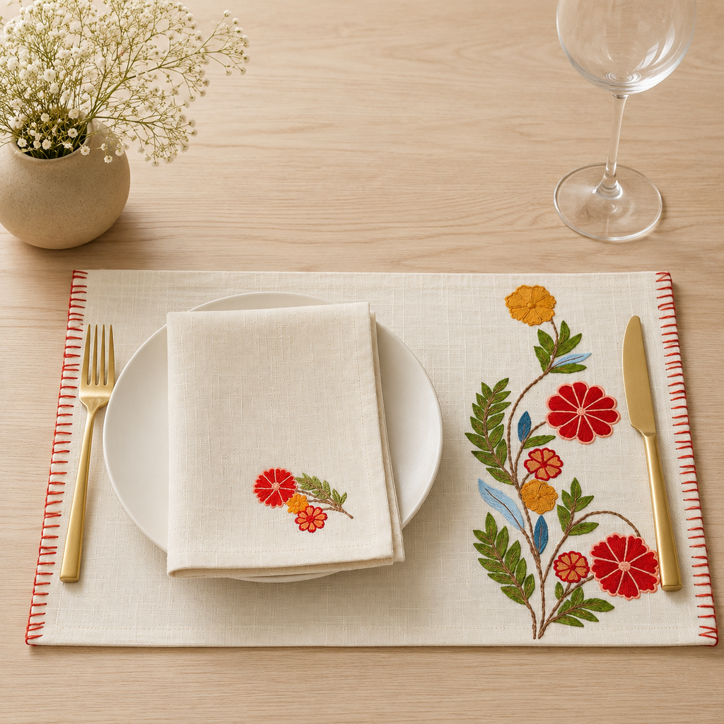 Scarlet Garden Embroidered Placemat & Napkin Set