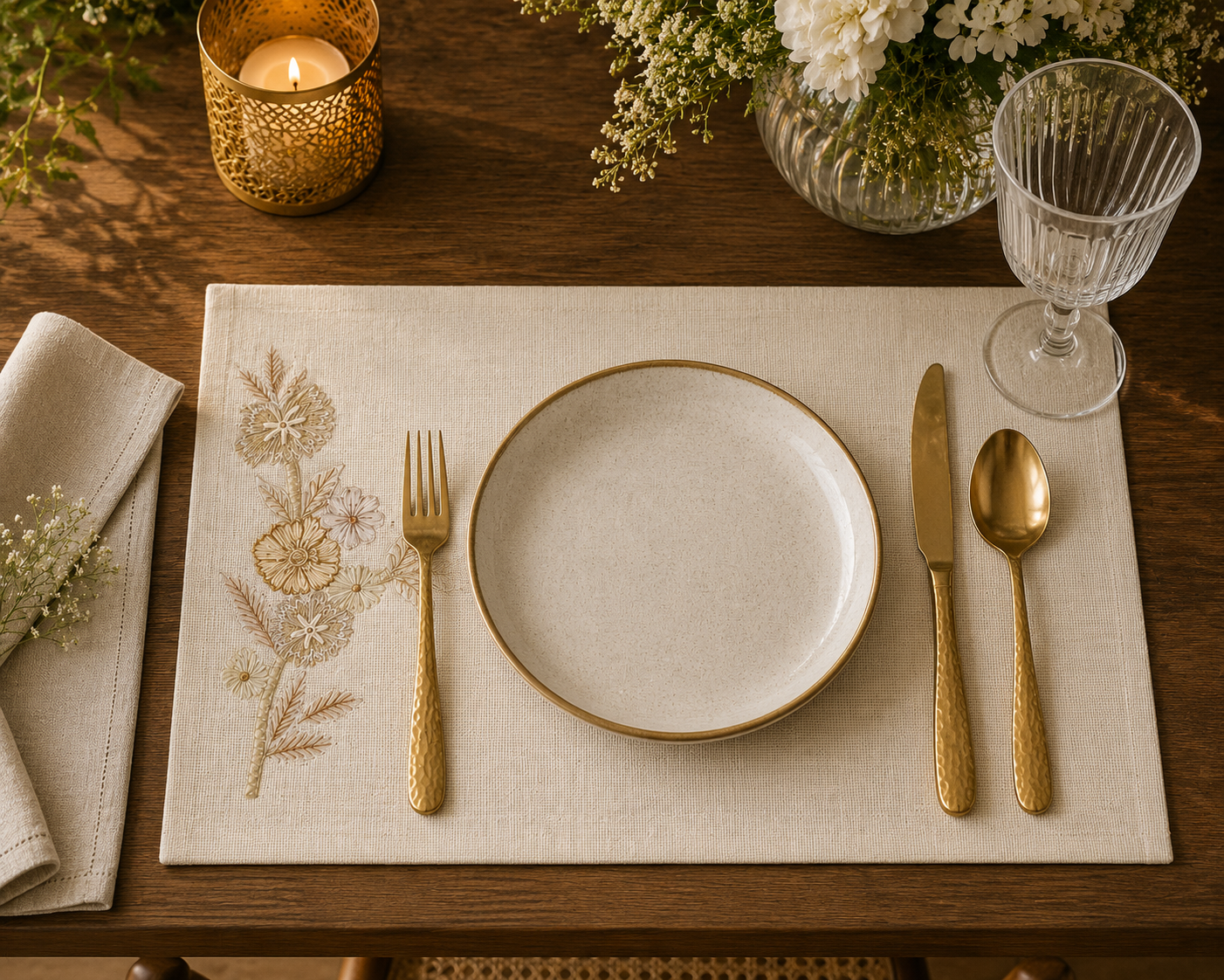 Ivory Garden Embroidered Placemat & Napkin Set