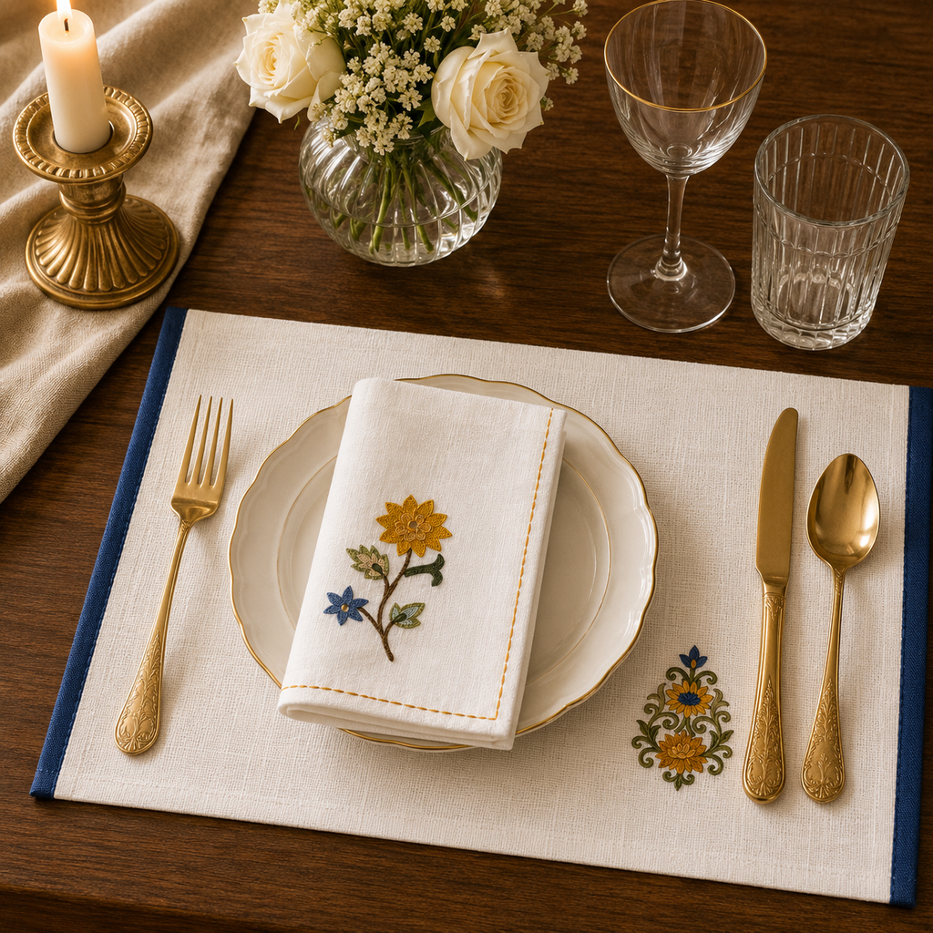 Blue Border Bloom Placemat & Napkin Set