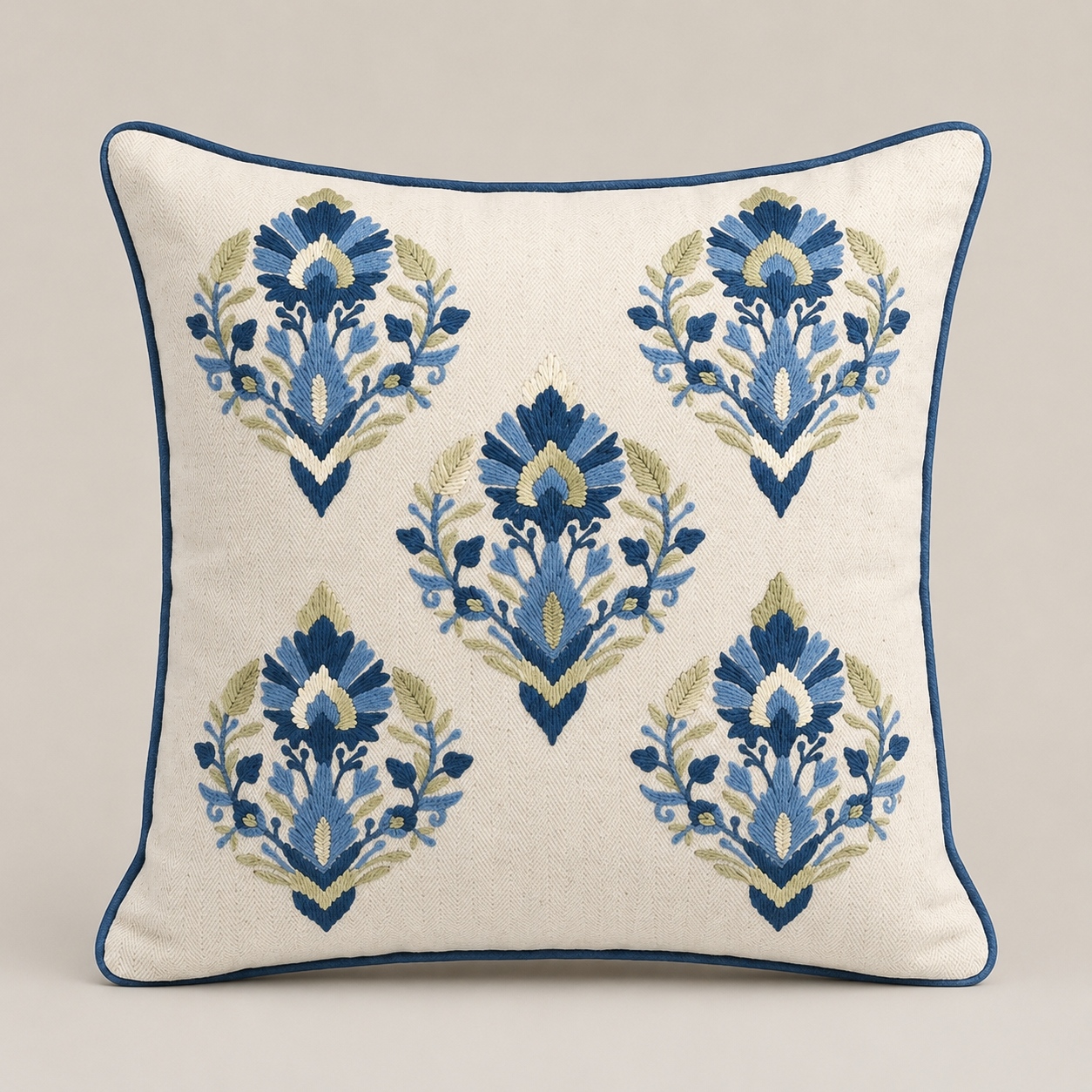 Azure Bloom Embroidered Cushion