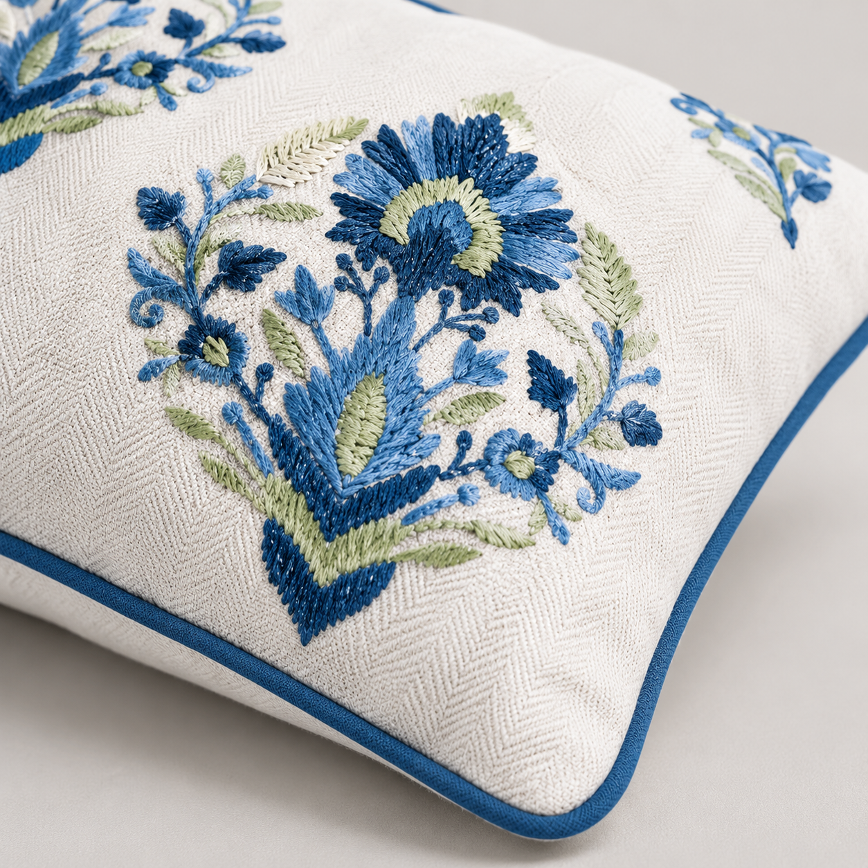 Azure Bloom Embroidered Cushion