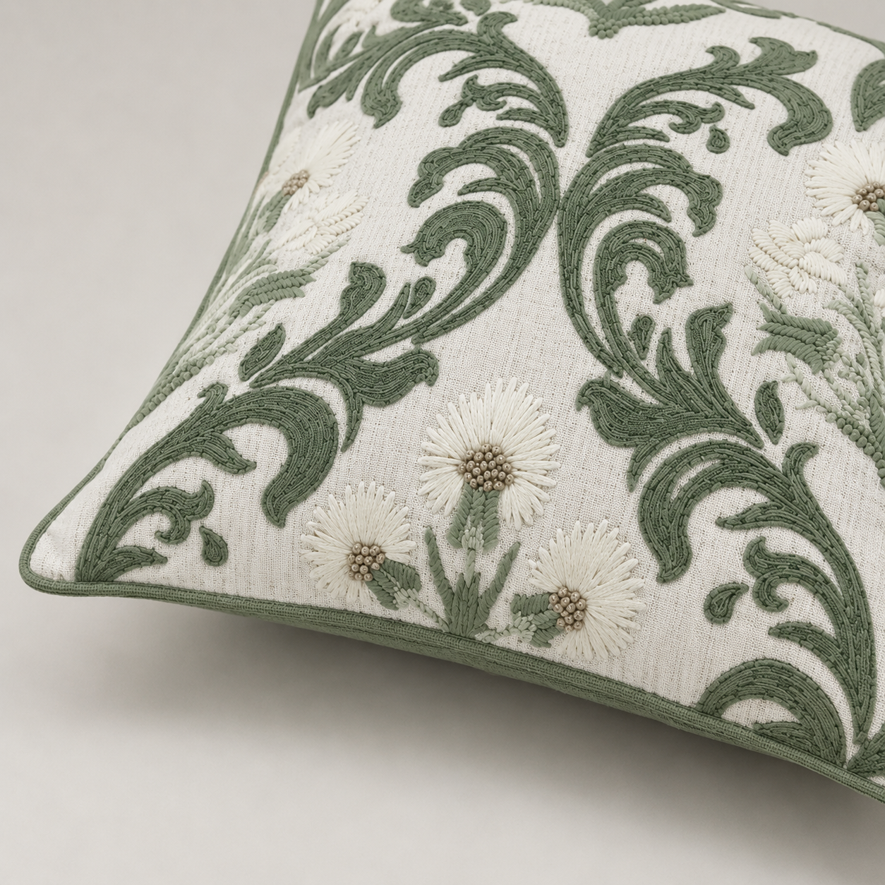 Verdant Scroll Blossom Cushion