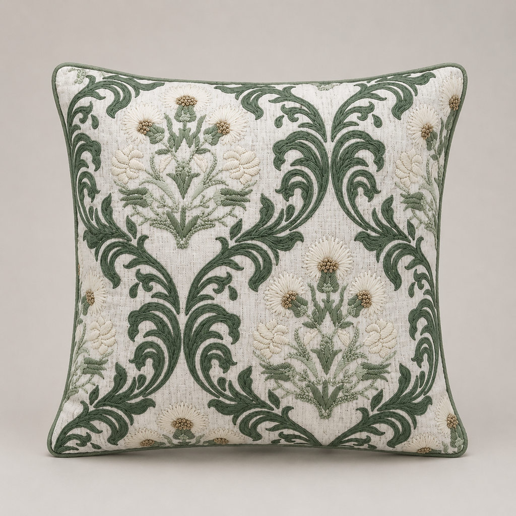 Verdant Scroll Blossom Cushion