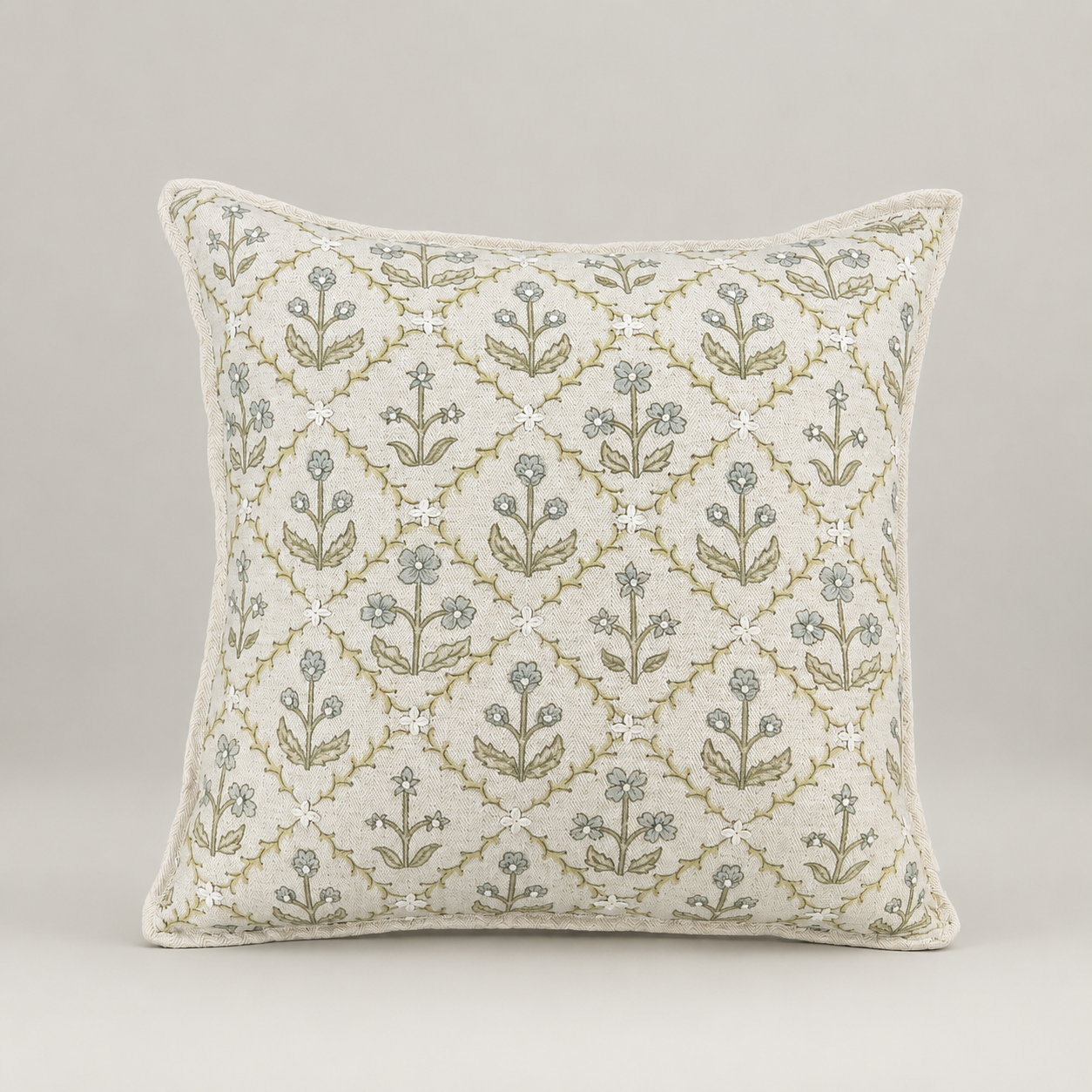 Sage Trellis Floral Cushion