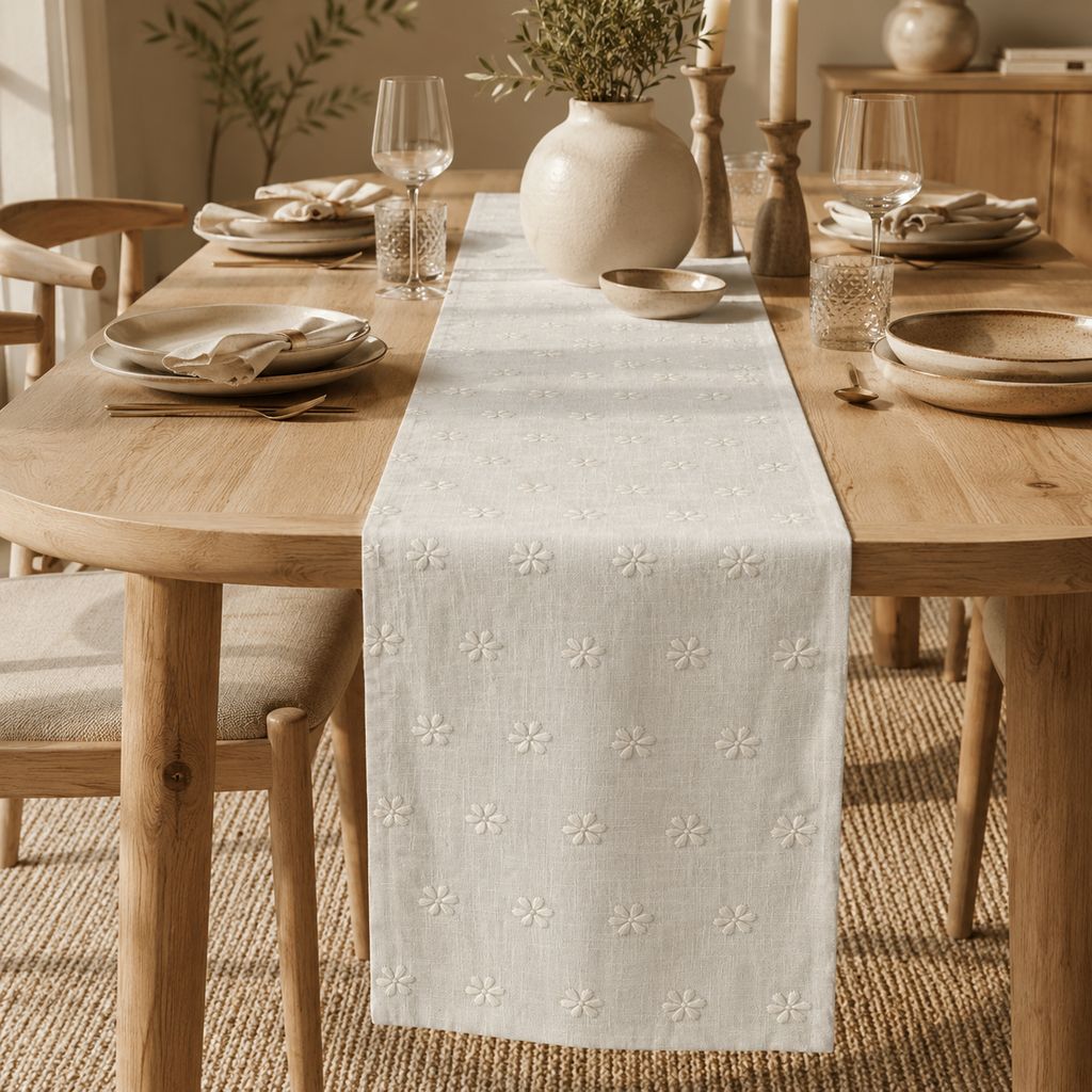 Alabaster Daisy Embroidered Runner