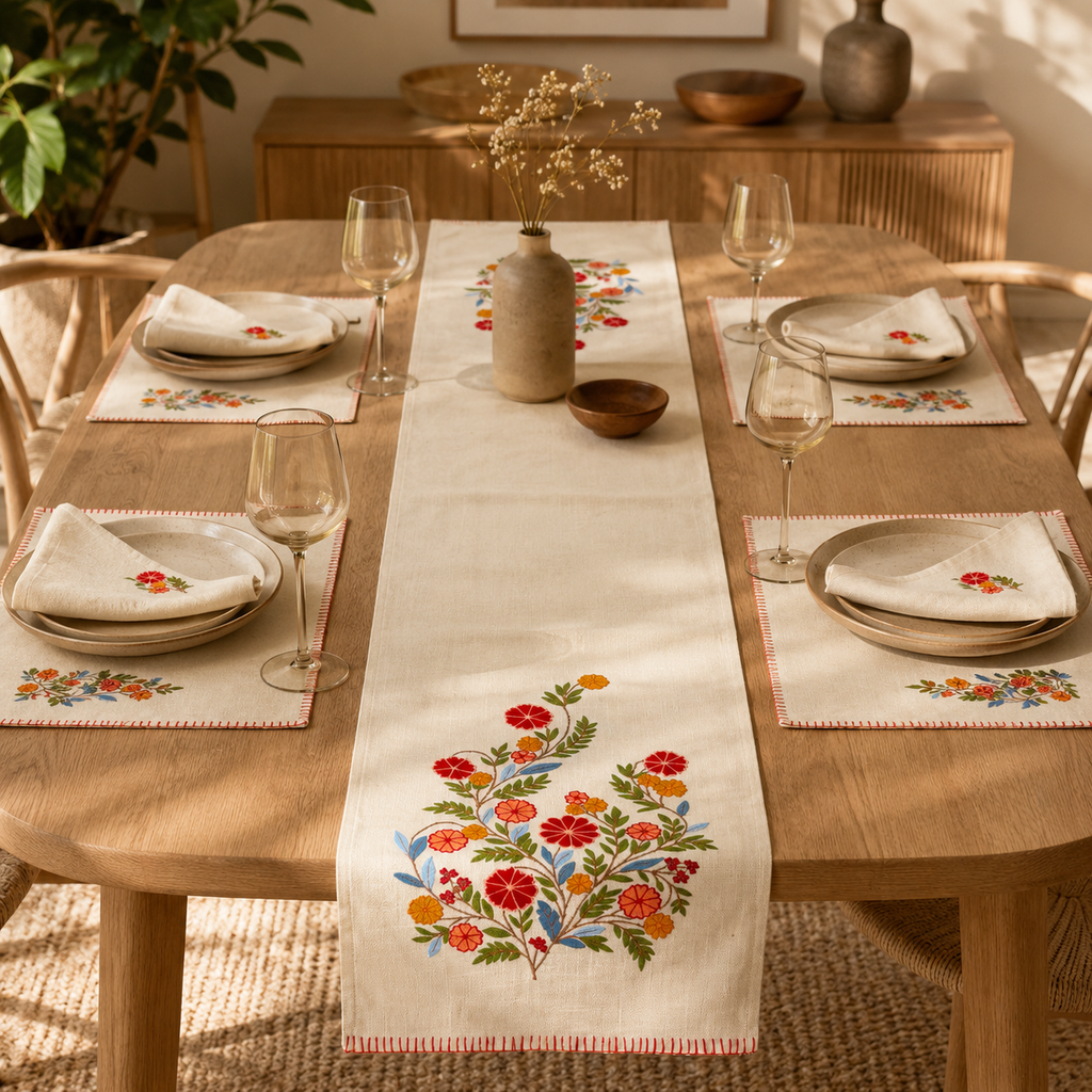 Scarlet Bloom Embroidered Table Runner