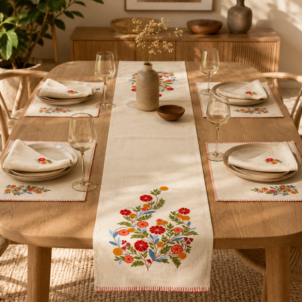 Scarlet Bloom Embroidered Table Runner