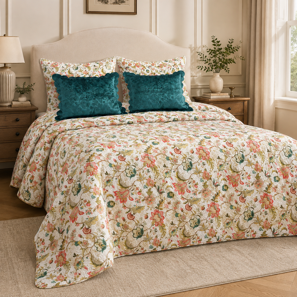 Ivory Garden Floral Quilted Bedding