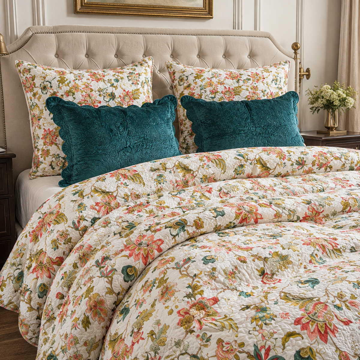 Ivory Garden Floral Quilted Bedding