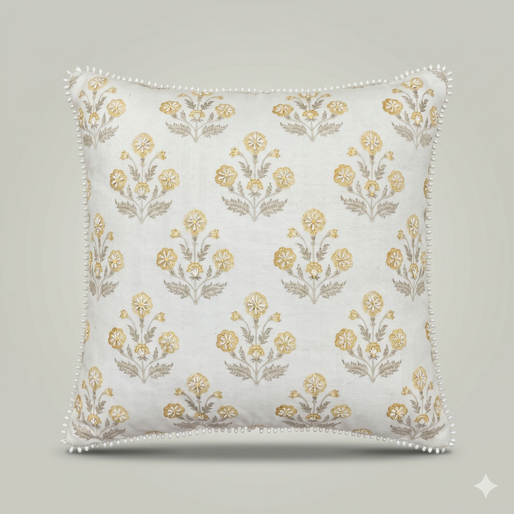 Golden Bloom Pom-Pom Cushion