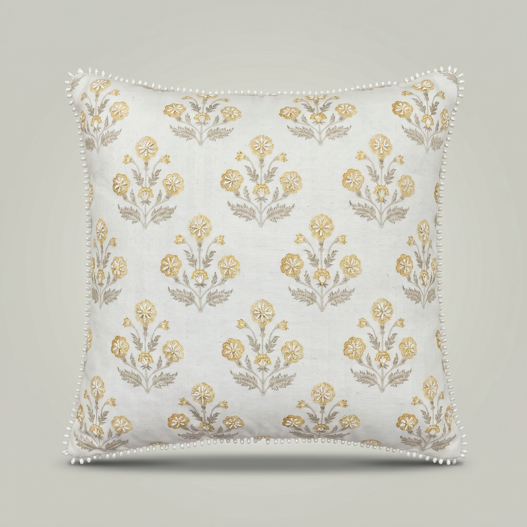 Golden Bloom Pom-Pom Cushion