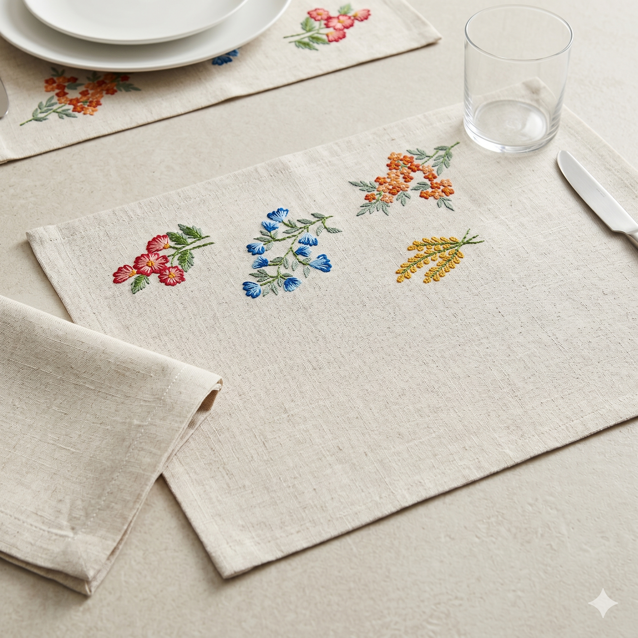 Meadow Sprig Embroidered Placemat & Napkin Set