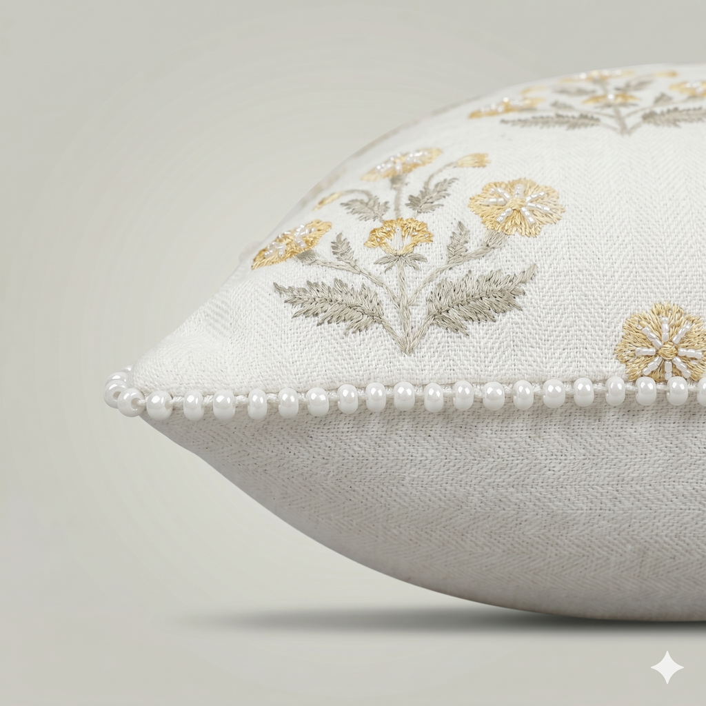 Golden Bloom Pom-Pom Cushion