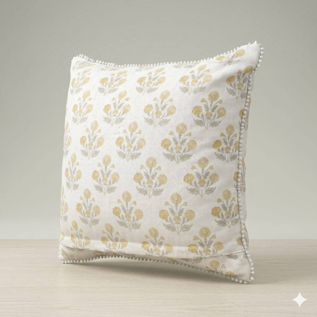 Golden Bloom Pom-Pom Cushion
