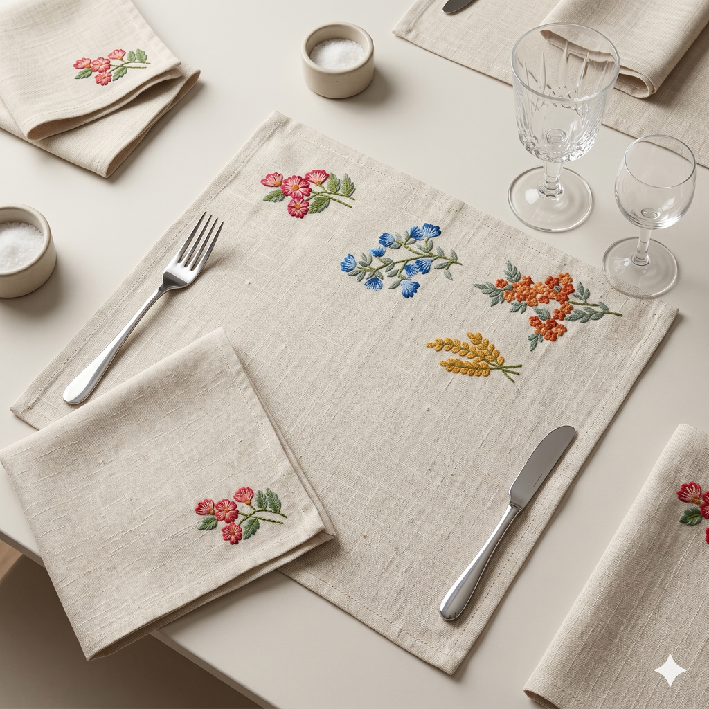 Meadow Sprig Embroidered Placemat & Napkin Set