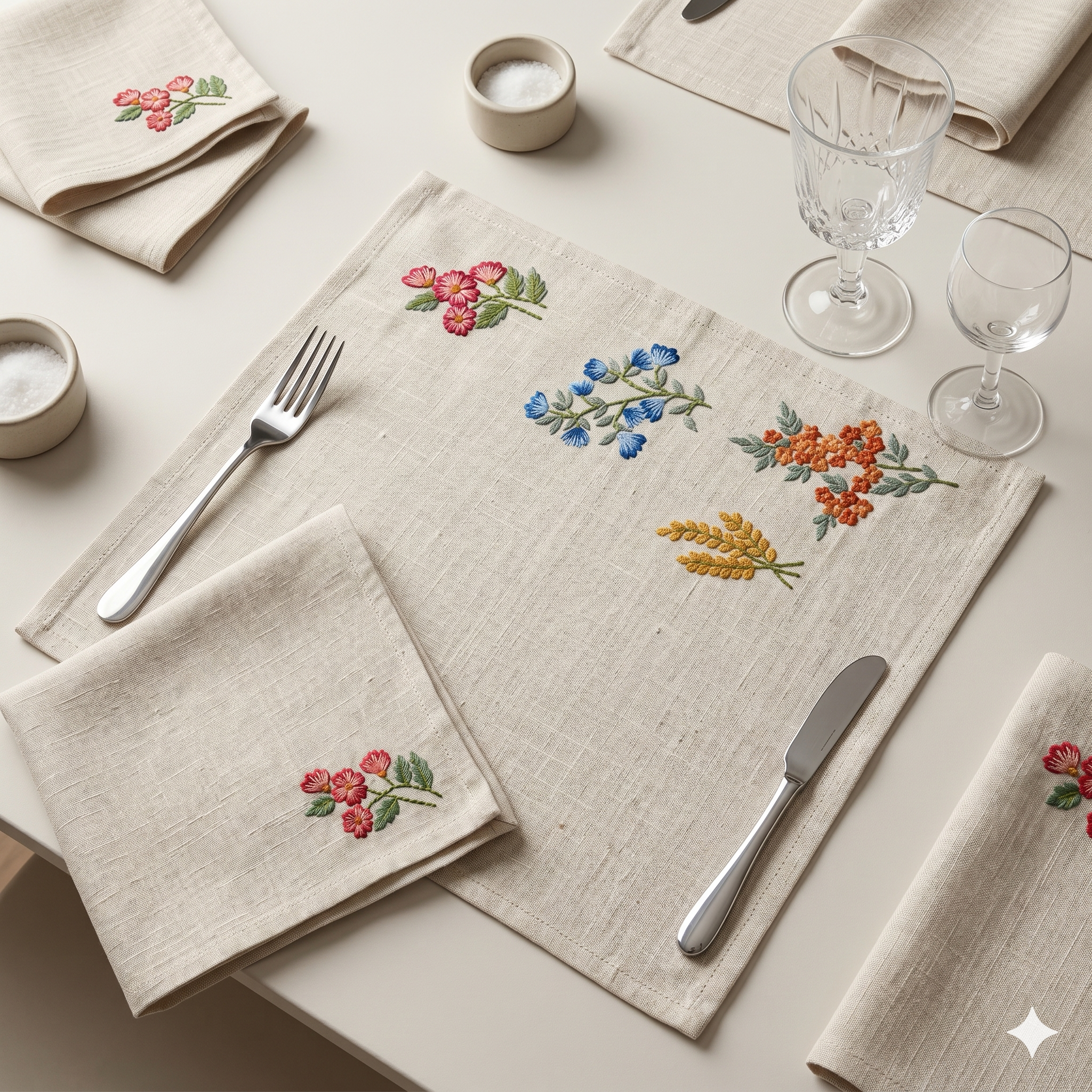 Meadow Sprig Embroidered Placemat & Napkin Set