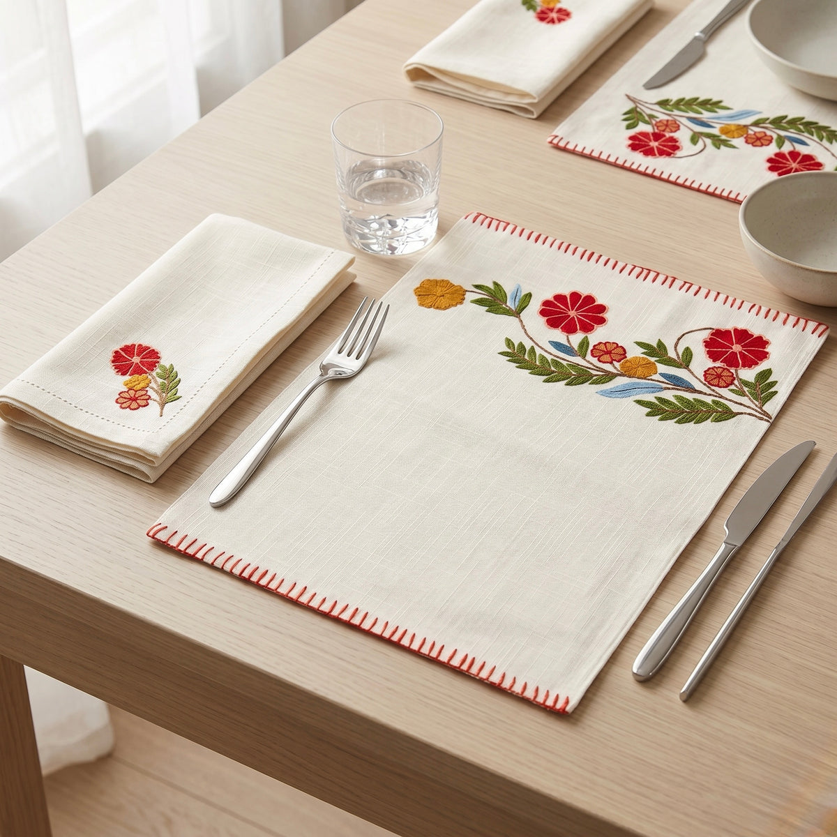 Scarlet Garden Embroidered Placemat set