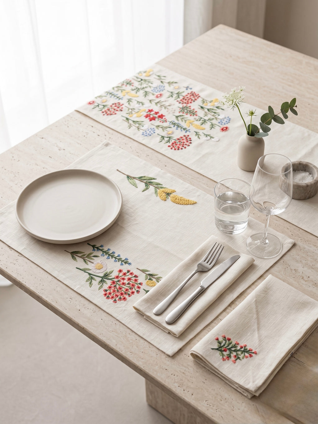 Wildflower Meadow Embroidered Placemat & Napkin