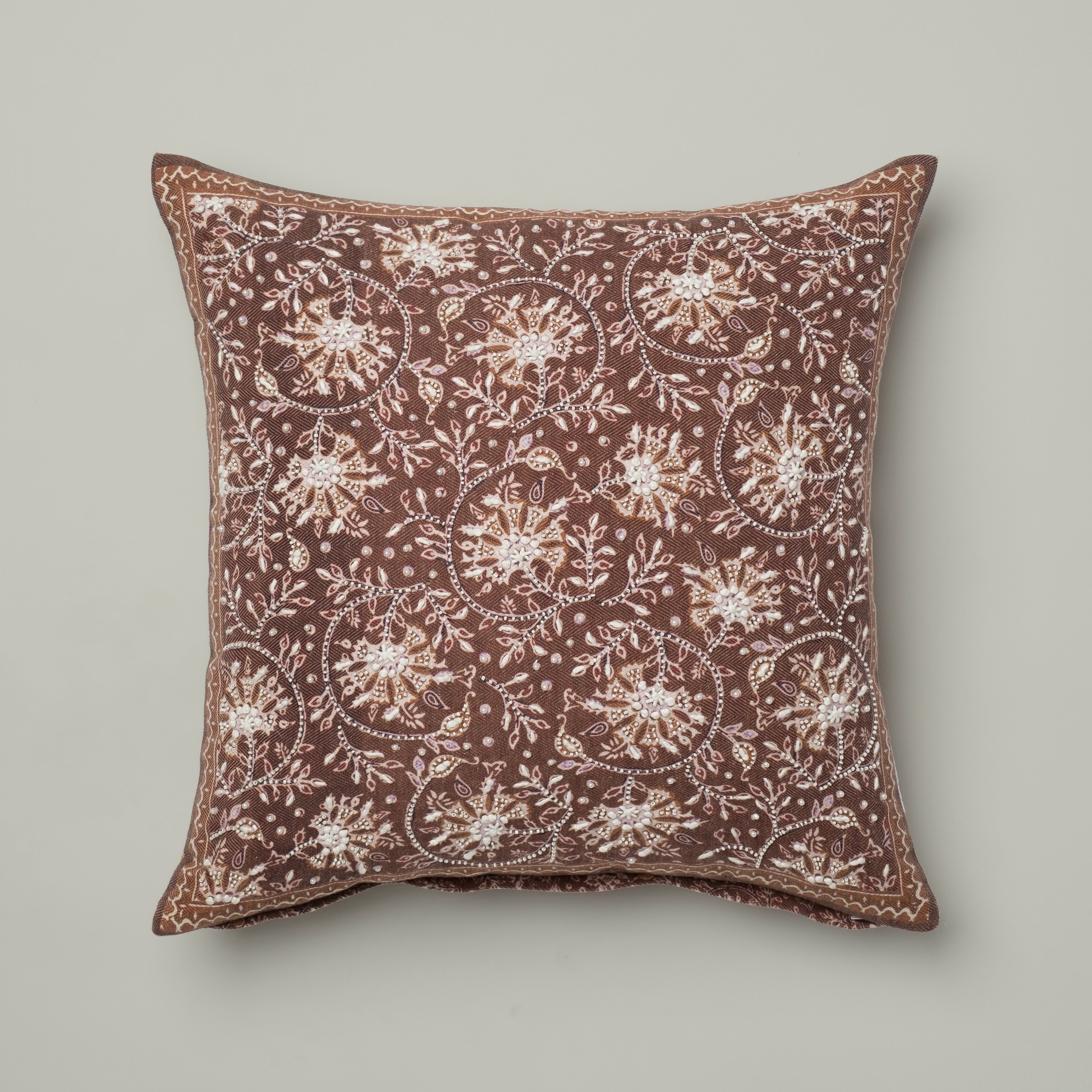 Chocolate Botanical Embroidered Cushion