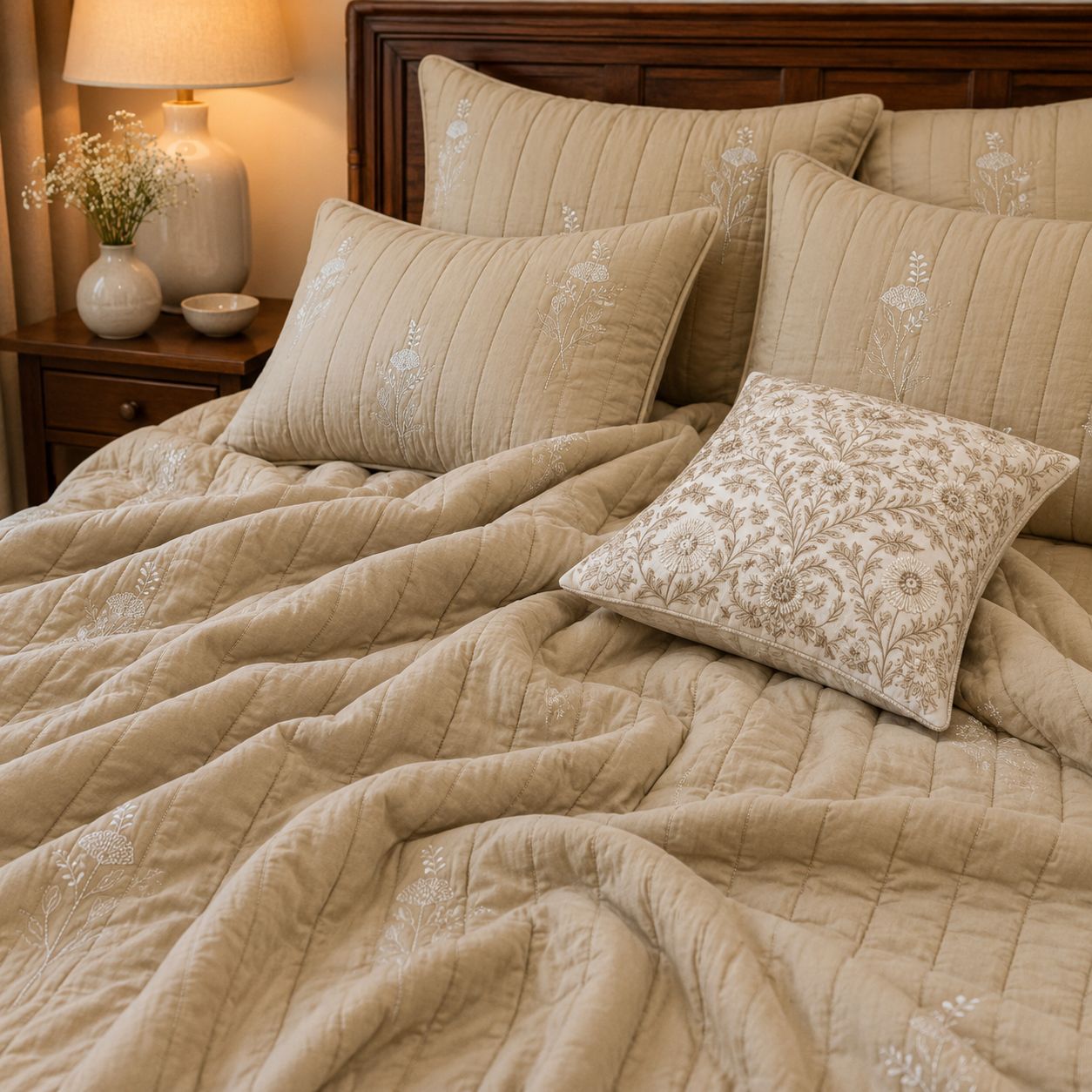 Champagne Botanical Embroidered Bedding