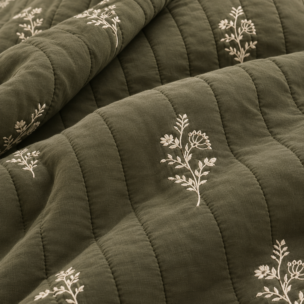 Olive Meadow Embroidered Bedspread