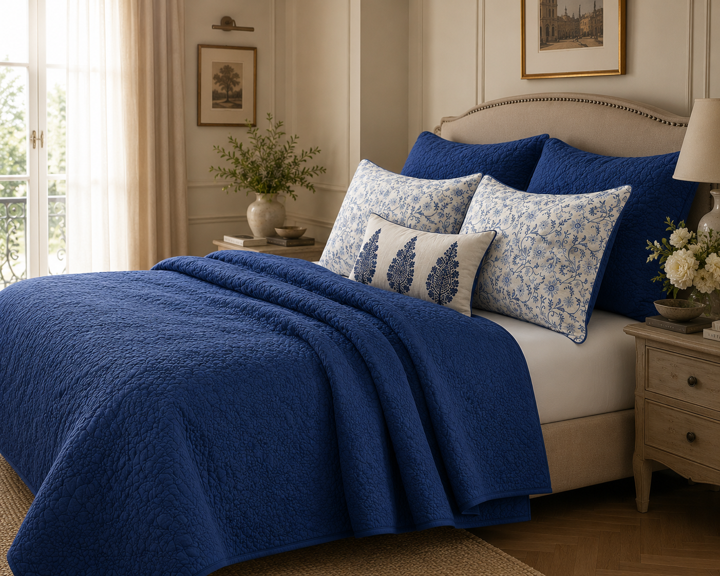 Midnight Blue Floral Quilted Bedding