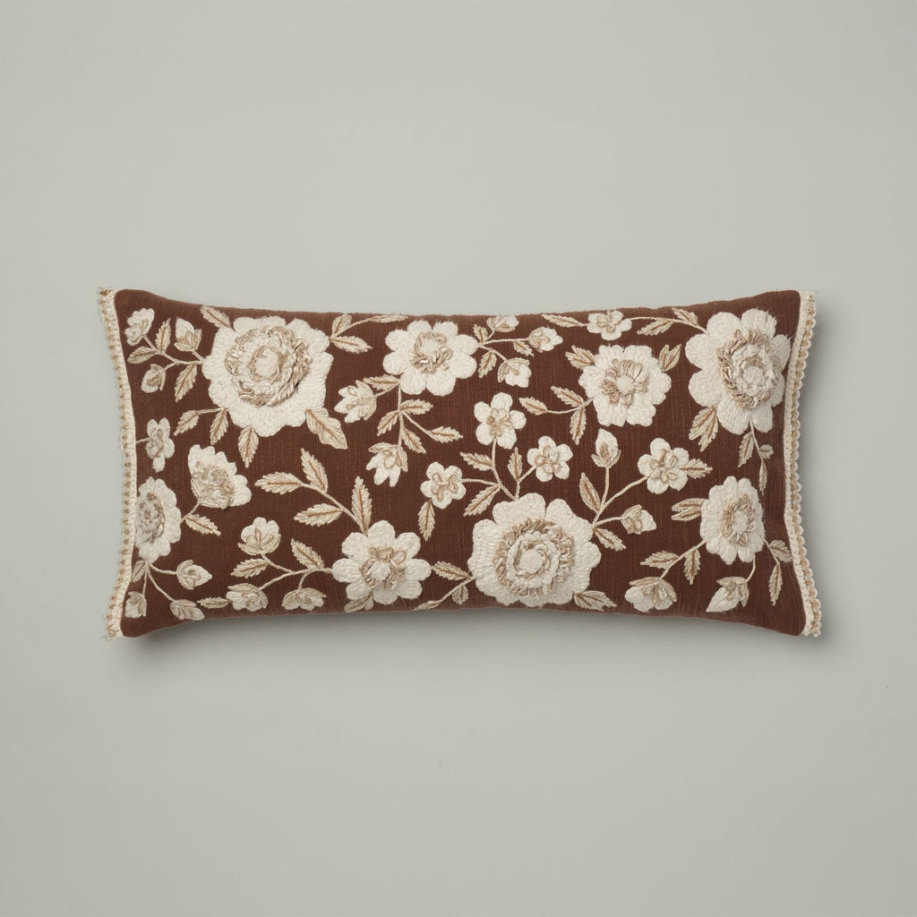 Mocha Floral Embroidered Lumbar Cushion