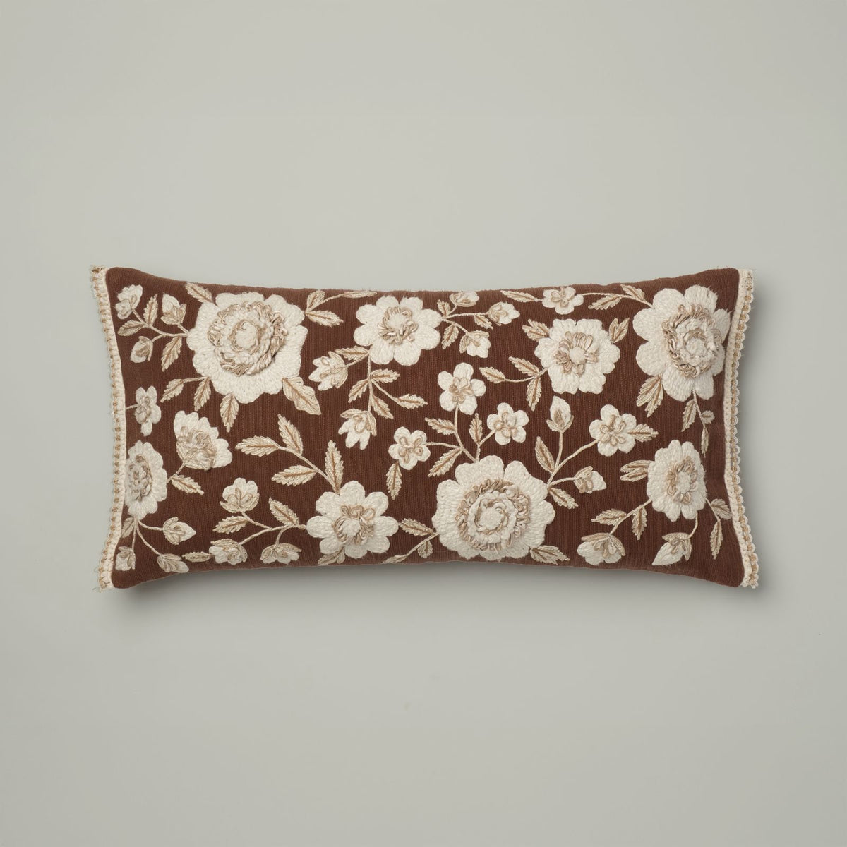 Mocha Floral Embroidered Lumbar Cushion
