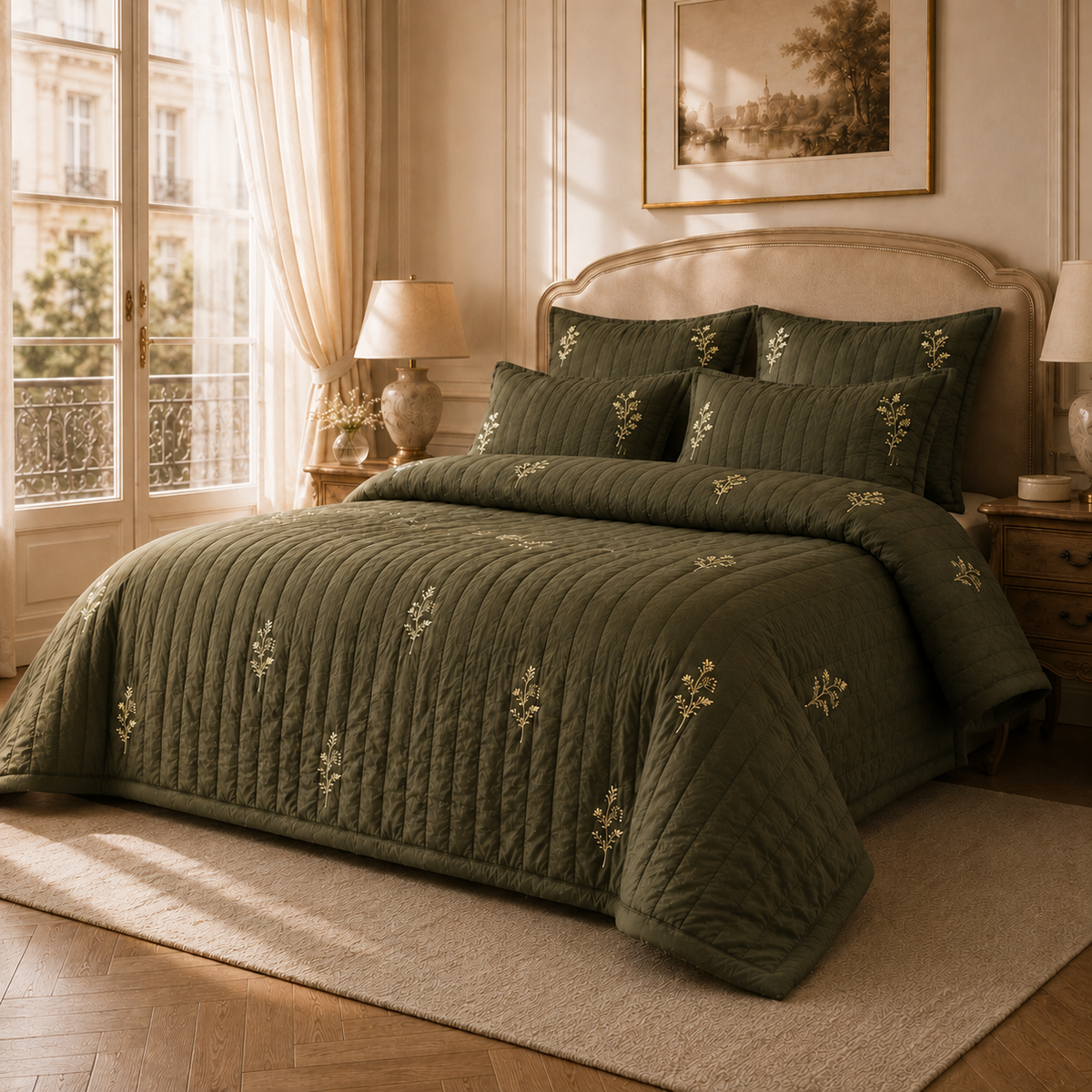 Olive Meadow Embroidered Bedspread