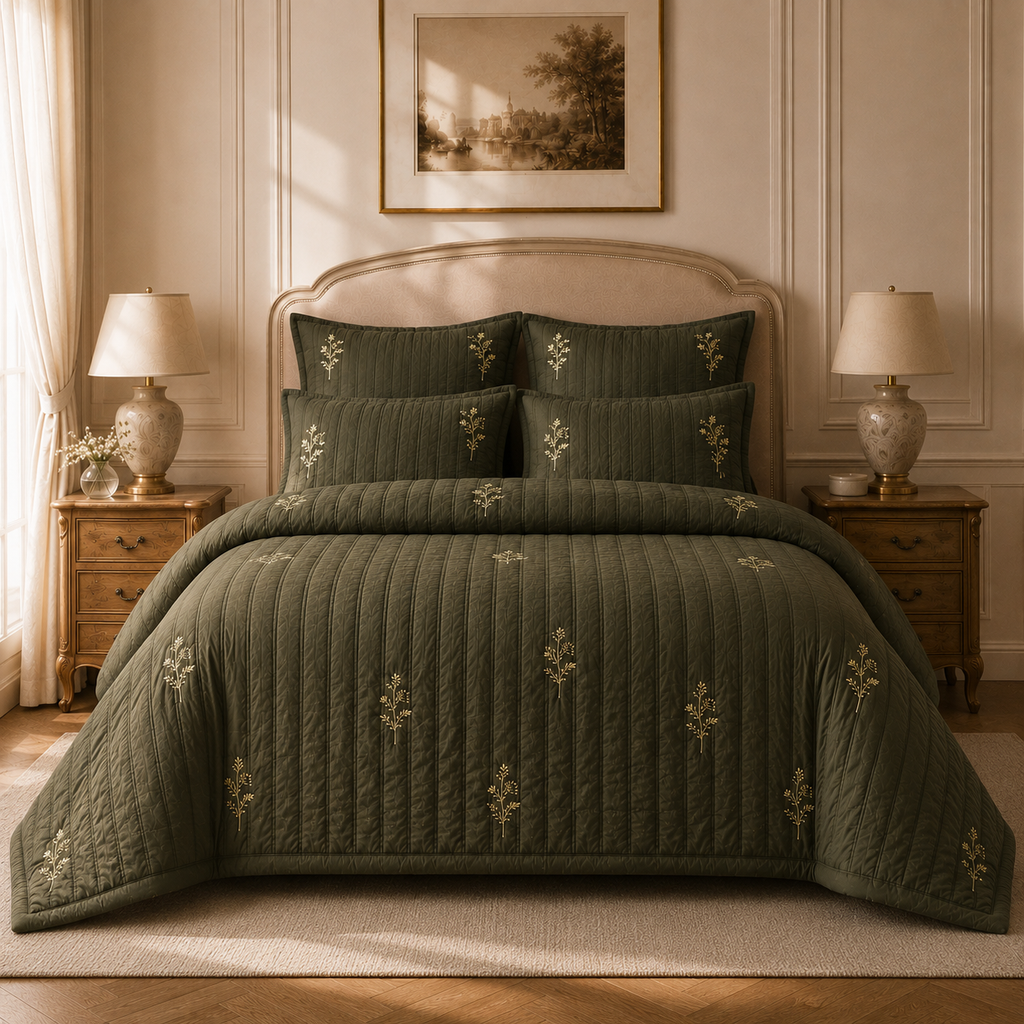 Olive Meadow Embroidered Bedspread