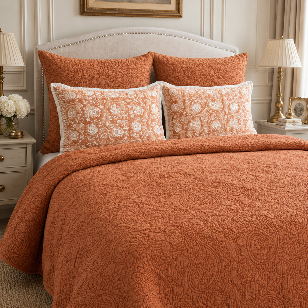 Stone washed orange quilted bedspread