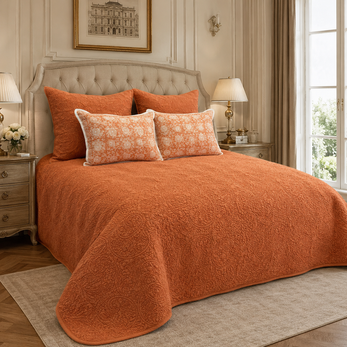 Stone washed orange quilted bedspread